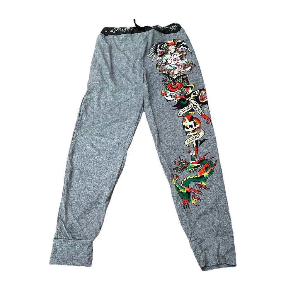 Ed Hardy Lounge Jogger Pants Gray Tattoo Graphic Skull Dragon Women L -